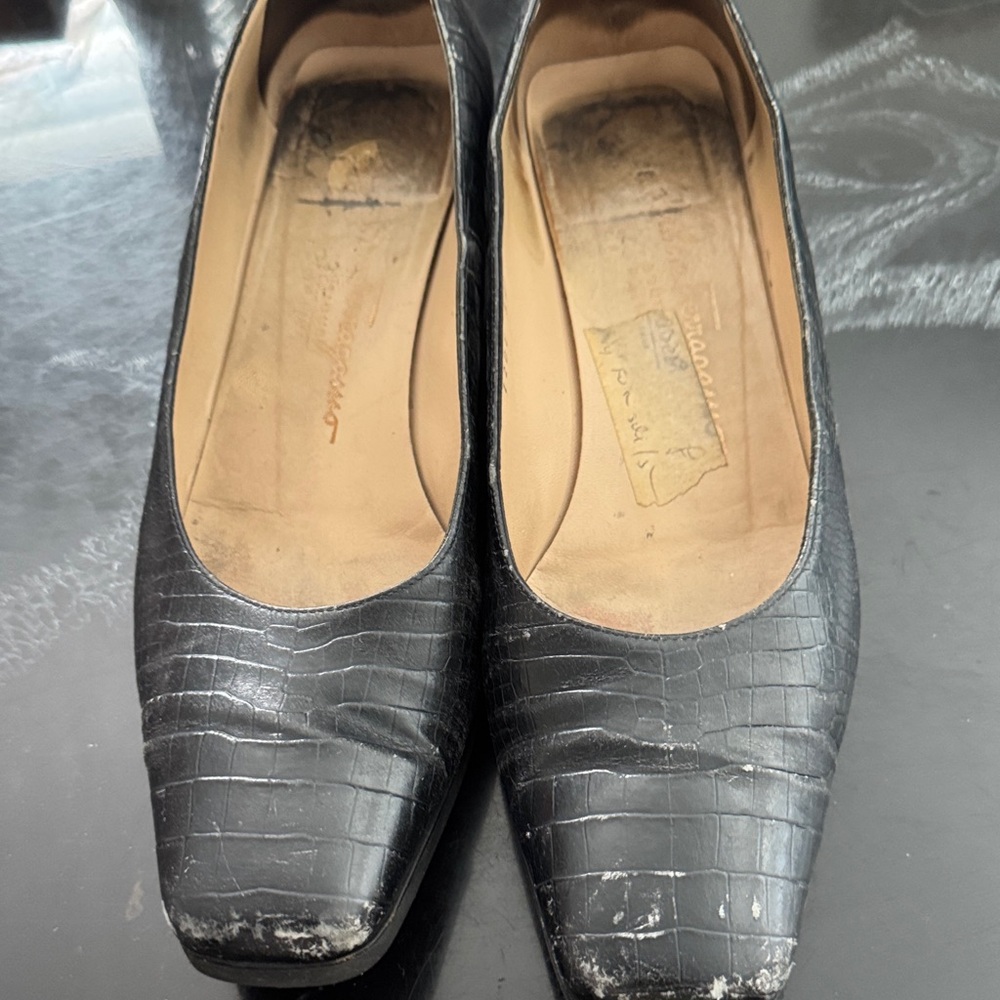Salvatore Ferragamo Black Crocodile Pattern Flats